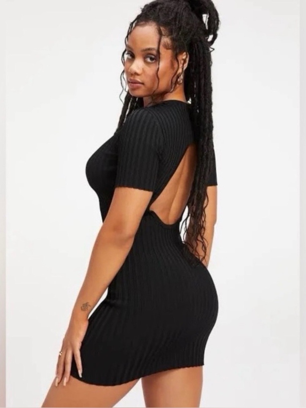 NWOT GOOD AMERICAN Black Ribbed Open-Back Mini Dress